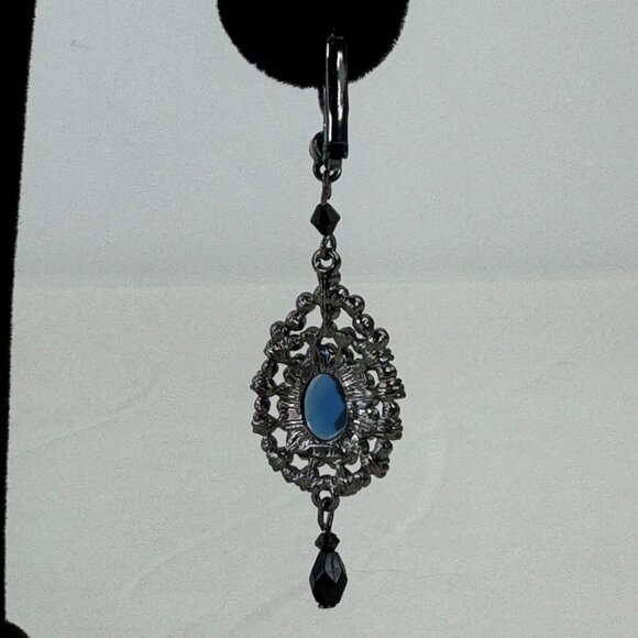 Vintage NR Pendant Necklace Dangle Earrings Set Gunmetal Midnight Blue Metallic - Picture 9 of 16